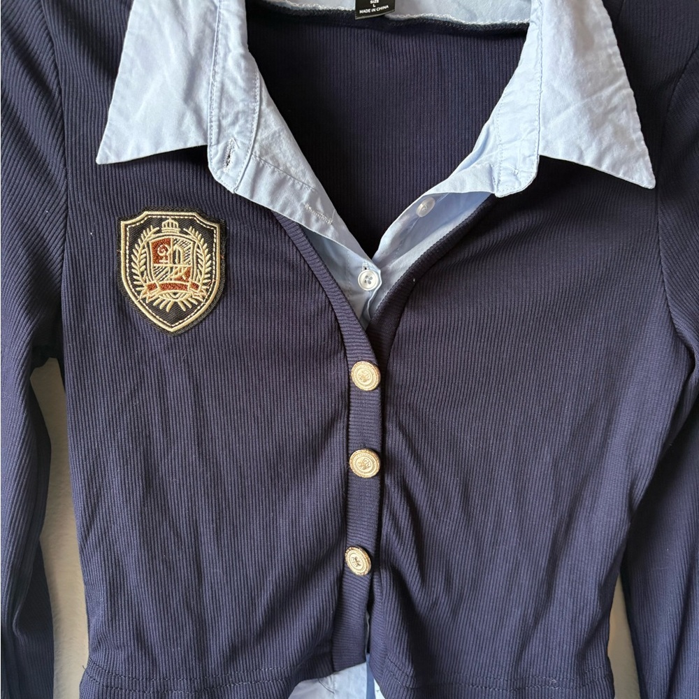 Navy and Light Blue layered Button-Up Cardigan - Picture 3 of 4